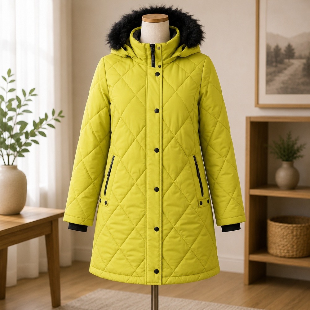 Arctic Expedition Quilted Parka Women Medium Lime Green Faux Fur Hood Q5766R-21